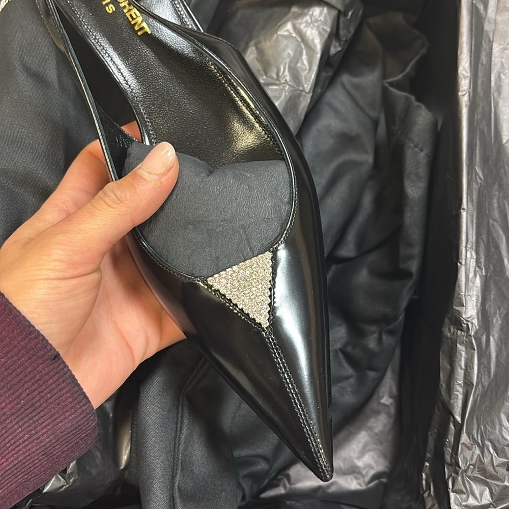 Saint Laurent | Cherish Glazed Leather Rhinestone Slingback, 30mm - Picture 14 of 16